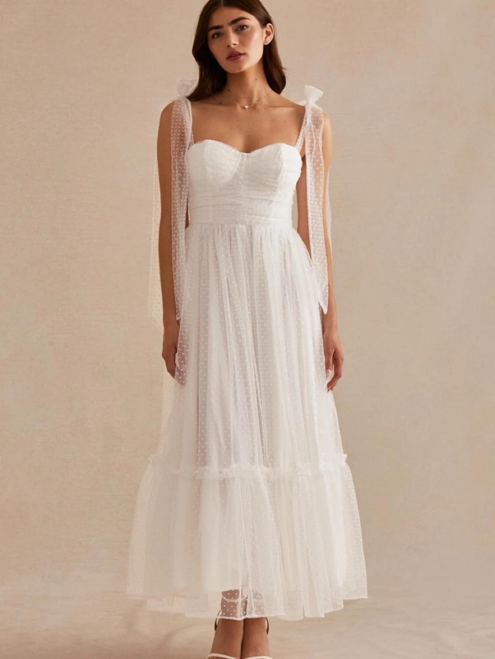 Birdy Grey White Polka-Dot Tulle Maxi Dress with Tie Straps